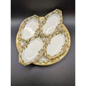 Antique Nippon Hand Painted Floral Gold Moriage Nut Set 5pc Master Plate Dishes